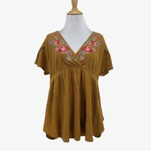 Savanna Jane Blouse Womens Medium Caramel Floral Embroidered Short Sleeve V Neck